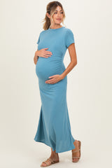 Blue Short Sleeve Ruched Maternity Midi Dress
