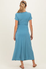Blue Short Sleeve Ruched Maternity Midi Dress