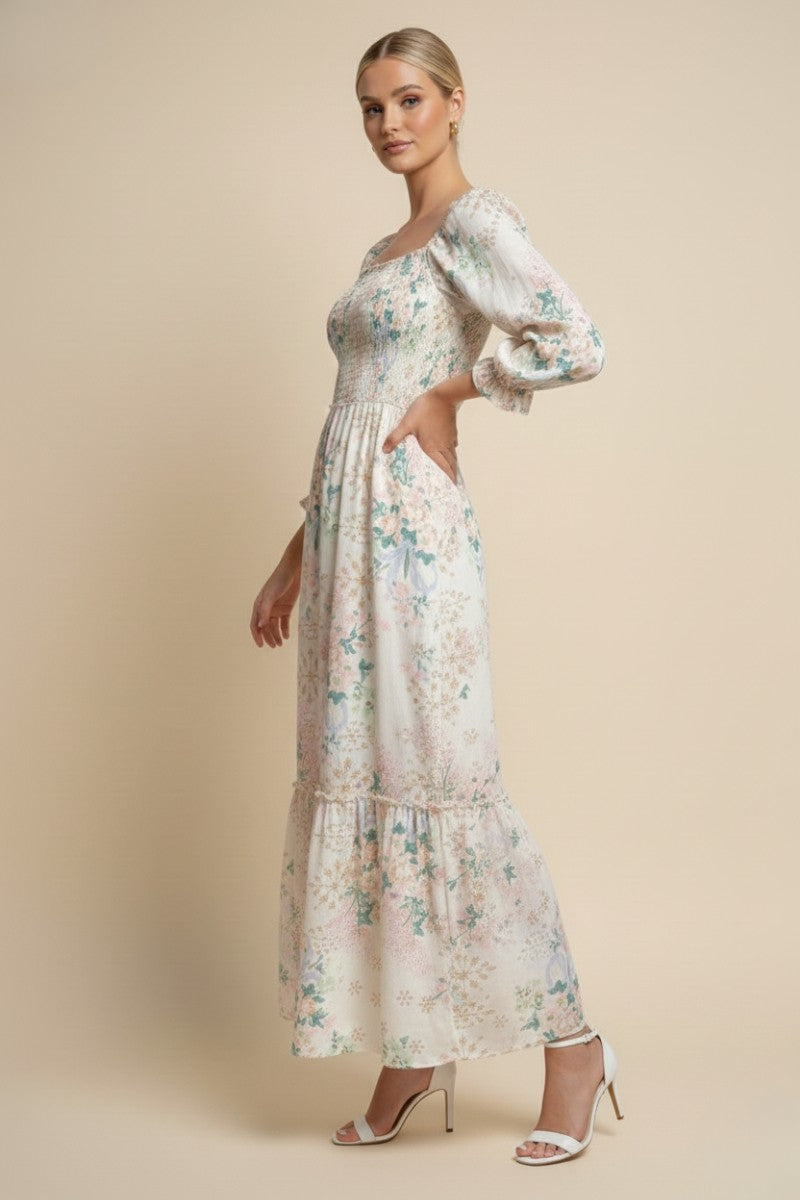Ivory Floral Smocked 3/4 Sleeve Maxi Dress