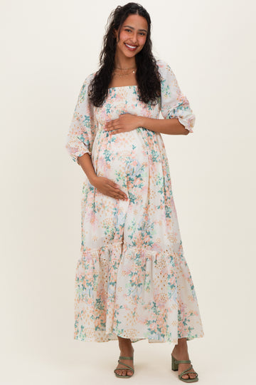 Ivory Floral Smocked 3/4 Sleeve Maternity Maxi Dress