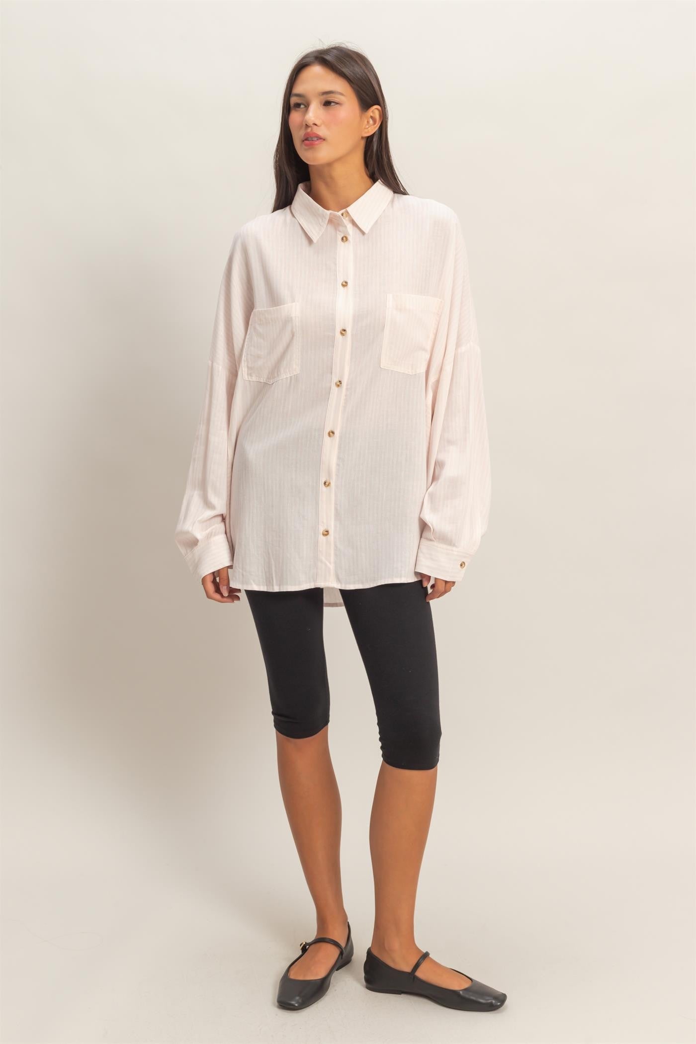 Pink Oversized Striped Button-Up Shirt