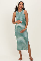 Green Striped Side Slit Maternity Tank Dress