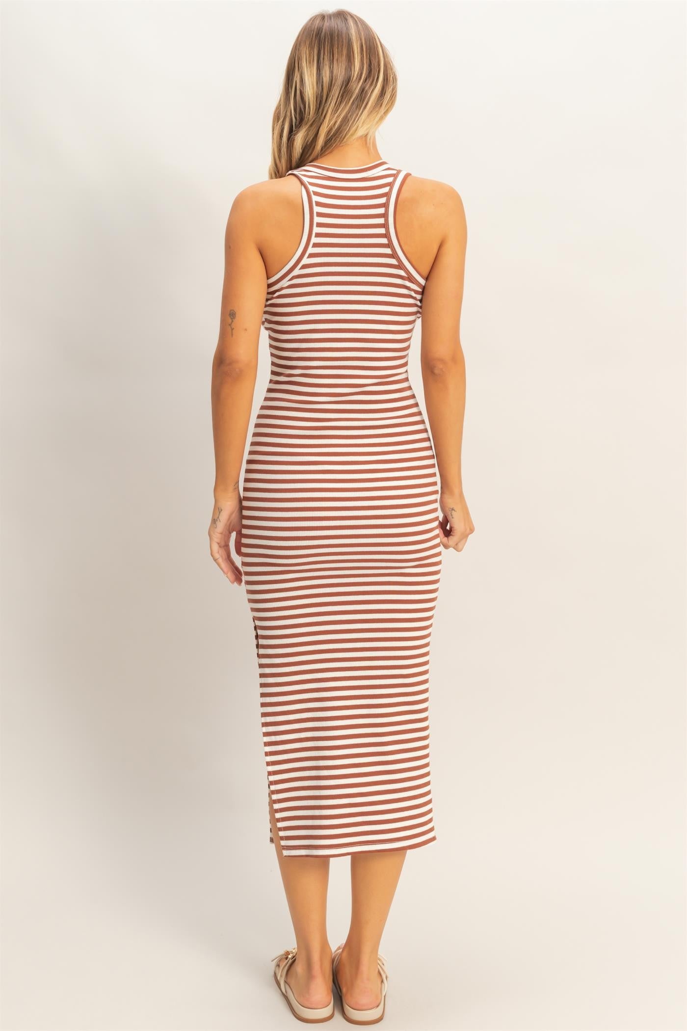 Brown Striped Side Slit Tank Dress