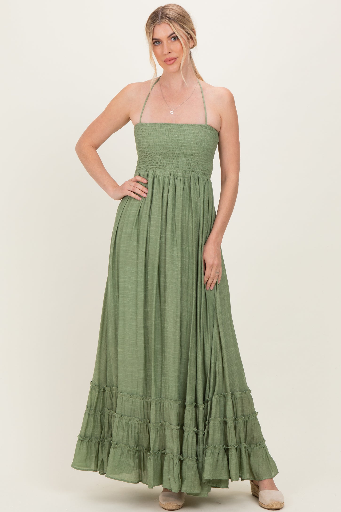 Light Olive Smocked Halter Open Back Maternity Maxi Dress