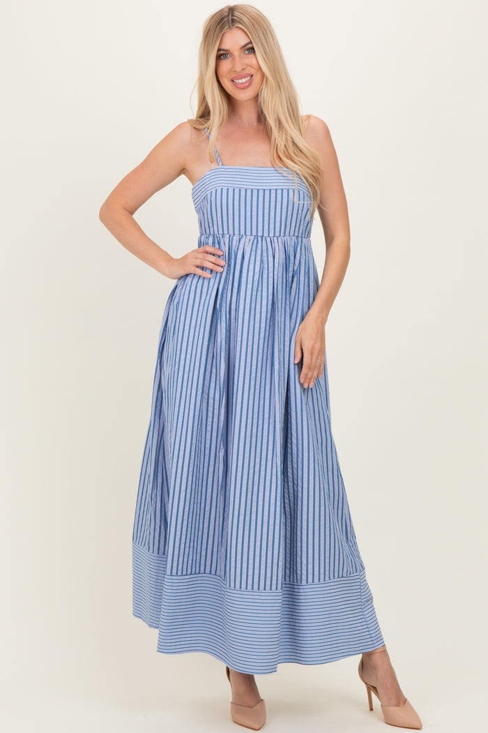 Blue Mixed Stripe Sleeveless Maternity Maxi Dress