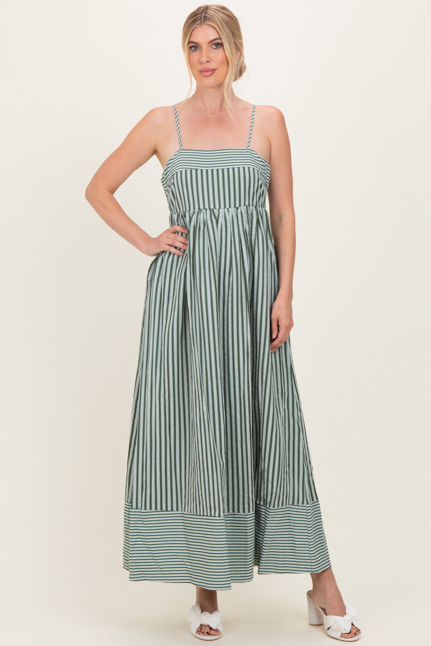 Olive Mixed Stripe Sleeveless Maternity Maxi Dress