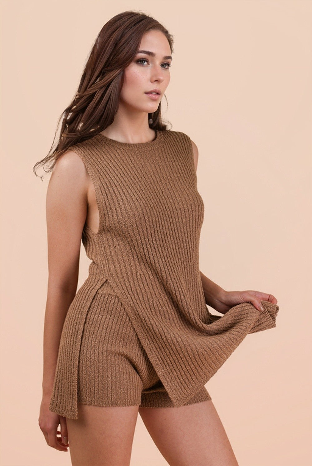 Mocha Knit Sleeveless Top Shorts Set
