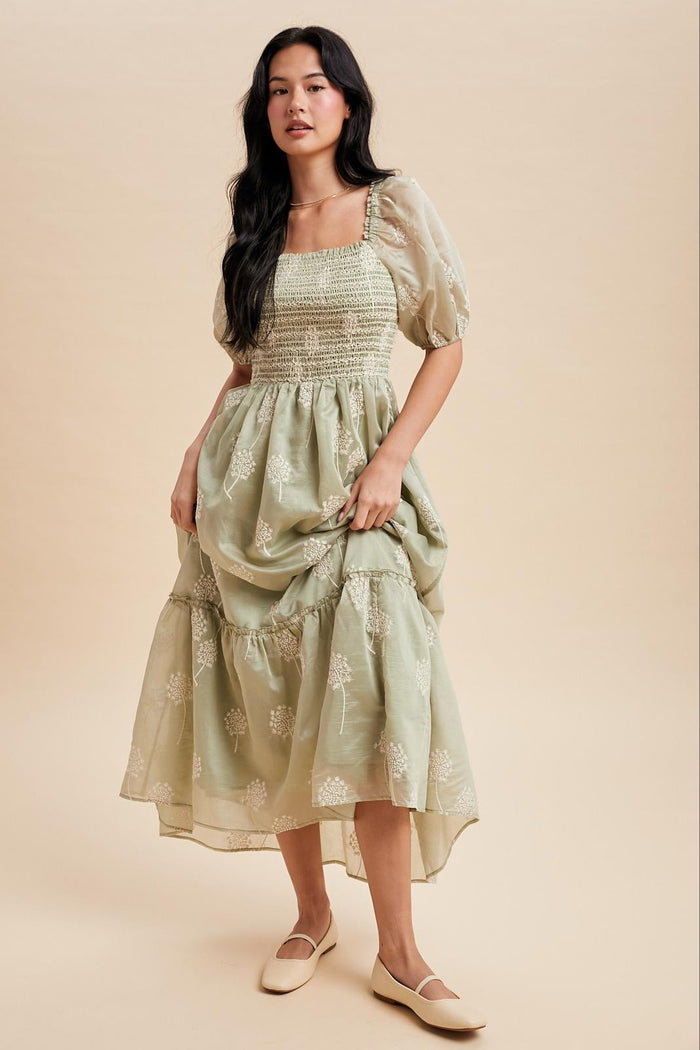 Fern Embroidered Floral Smocked Maxi Dress