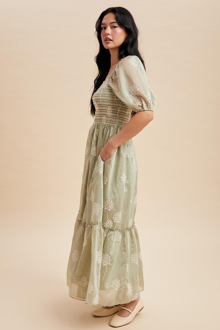 Fern Embroidered Floral Smocked Maxi Dress