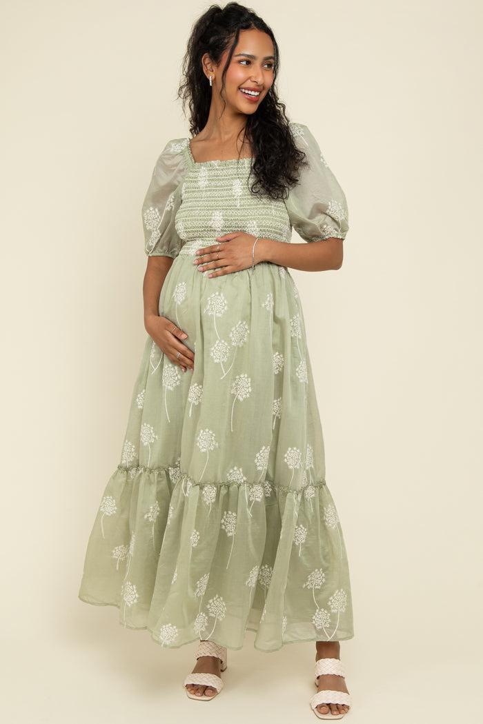 Fern Embroidered Floral Smocked Maternity Maxi Dress