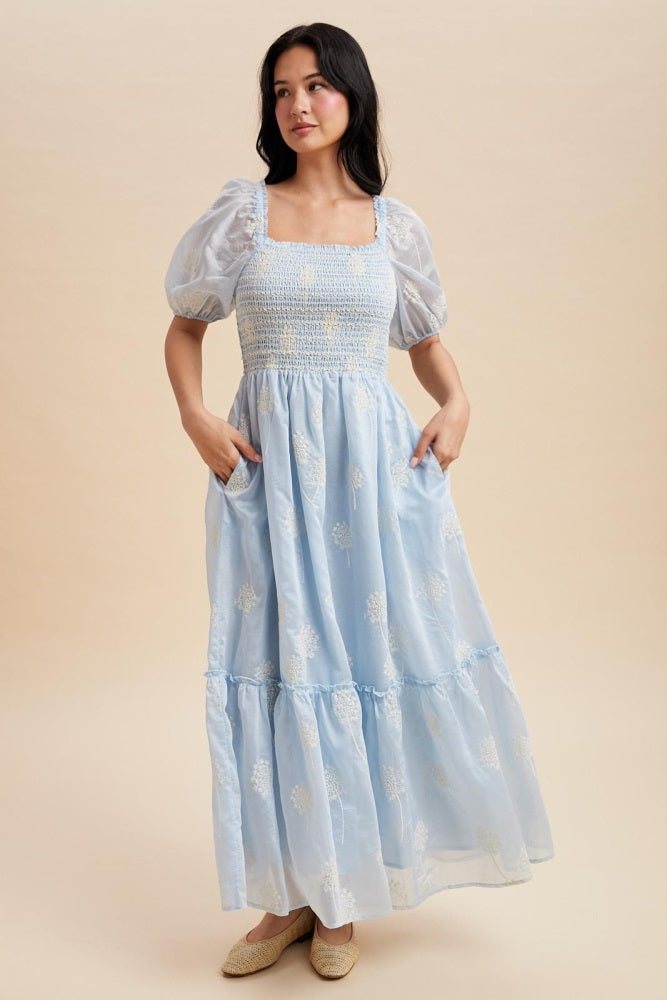 Light Blue Embroidered Floral Smocked Maxi Dress