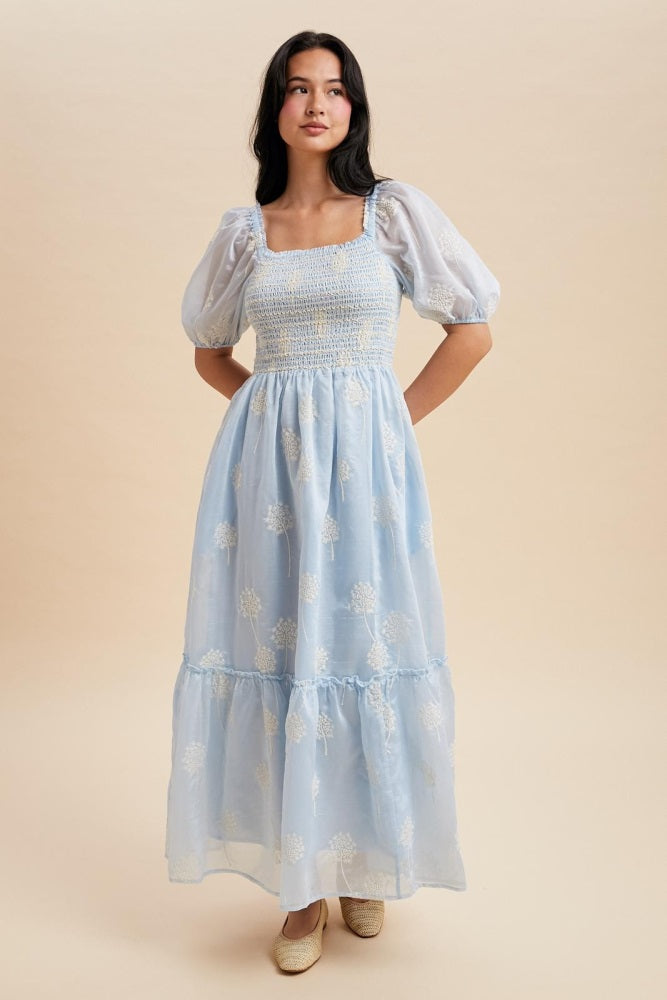 Light Blue Embroidered Floral Smocked Maxi Dress