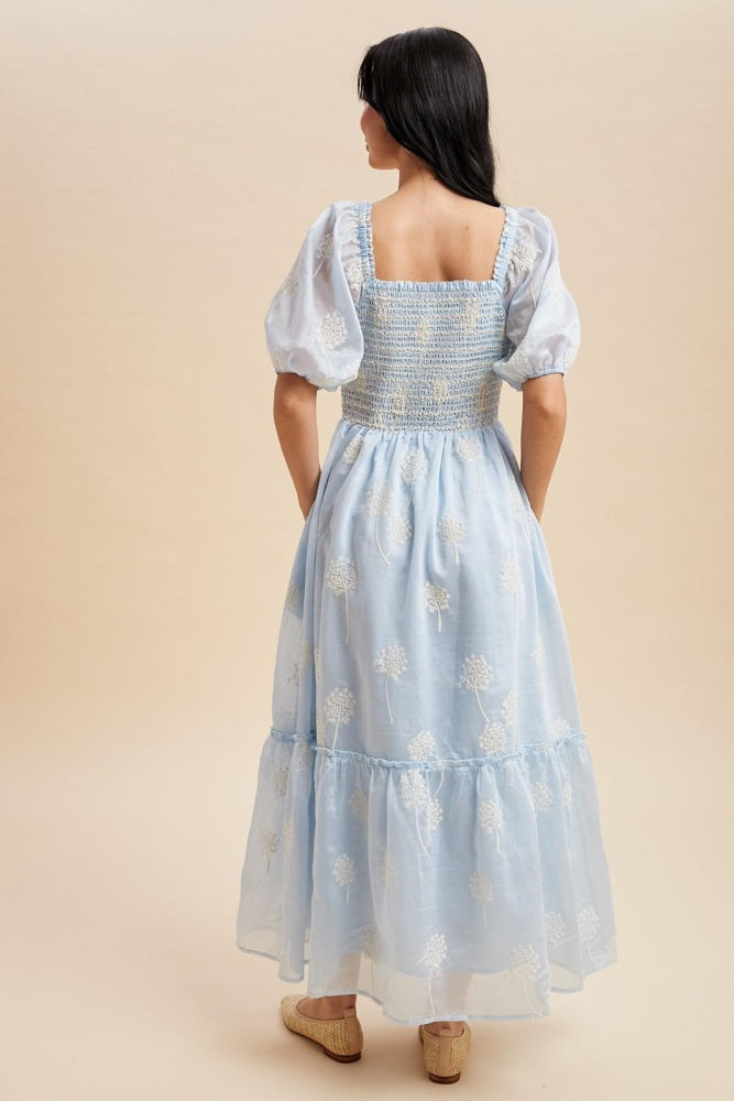 Light Blue Embroidered Floral Smocked Maxi Dress