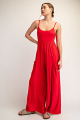 Red Sleeveless Wide Leg Maternity Jumpsuit