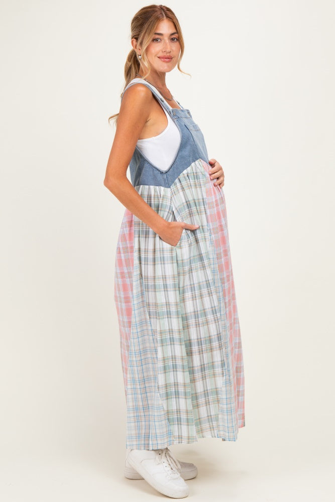 Multicolor Plaid Overall Maternity Maxi Dress