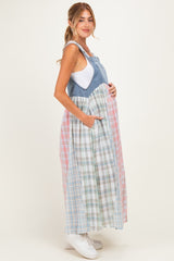 Multicolor Plaid Overall Maternity Maxi Dress