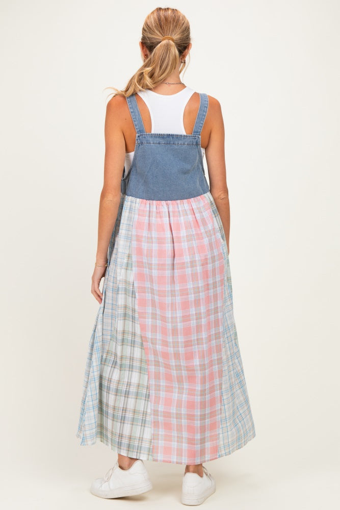 Multicolor Plaid Overall Maternity Maxi Dress