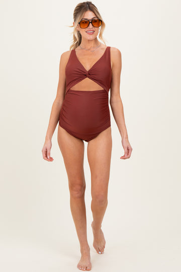 Brown Ruched Sides Front Cutout Maternity One Piece Swimsuit