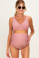 Mauve Pink High Waist Maternity Bikini Set