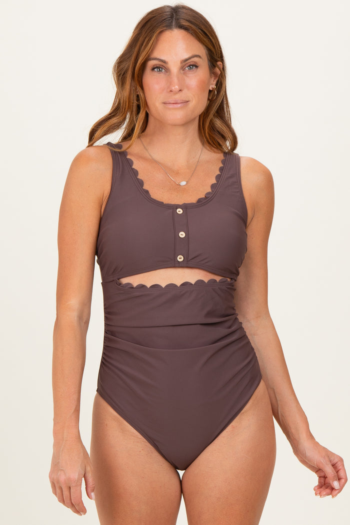Brown Scalloped Cutout Ruched Maternity One Piece Swimsuit