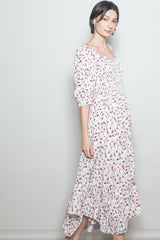 Cream Floral Smocked Handkerchief Hem Maxi Dress