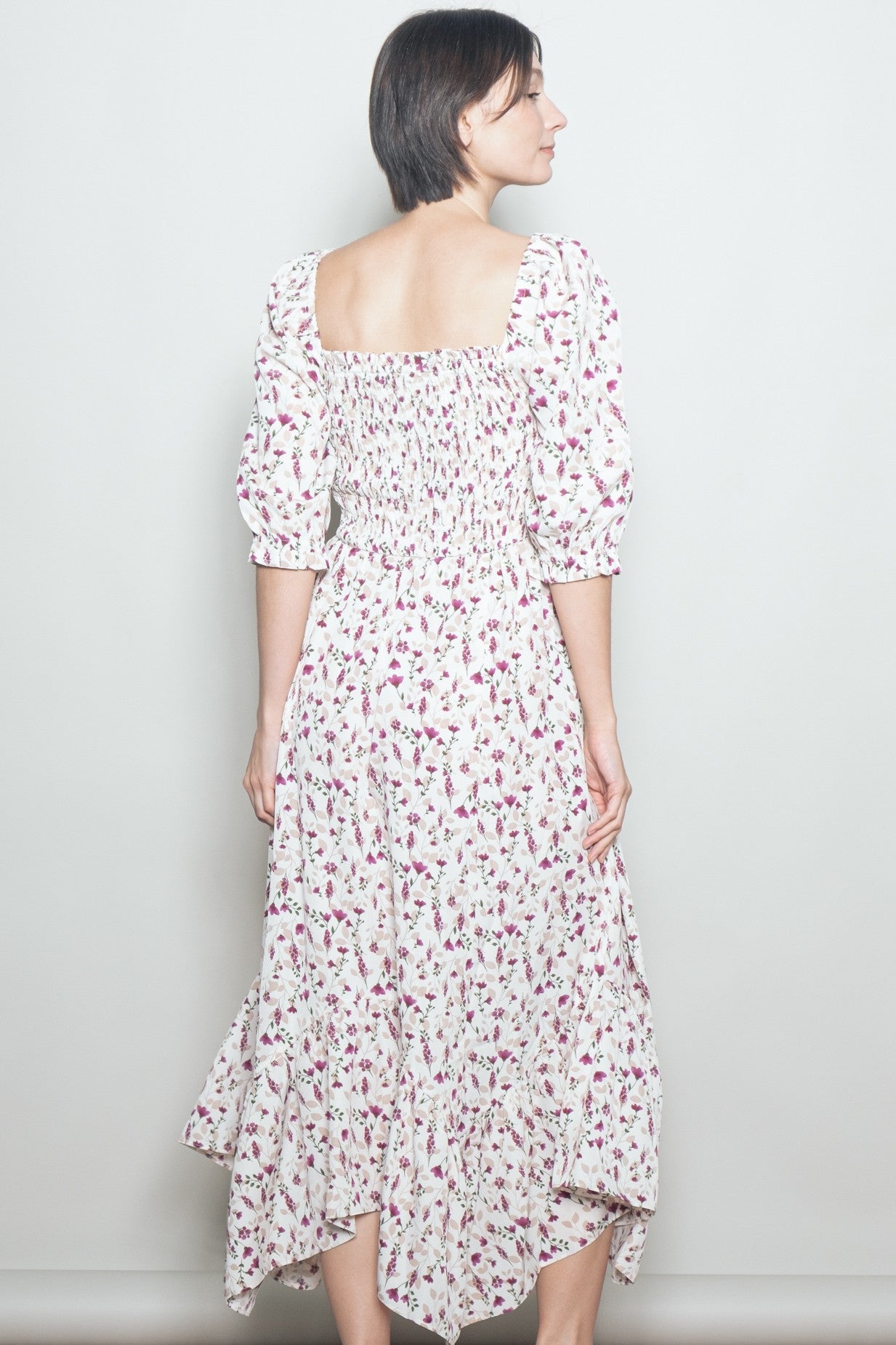 Cream Floral Smocked Handkerchief Hem Maxi Dress