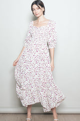 Cream Floral Smocked Handkerchief Hem Maternity Maxi Dress