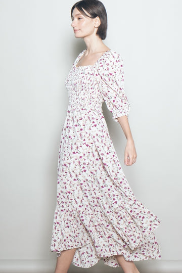 Cream Floral Smocked Handkerchief Hem Maxi Dress