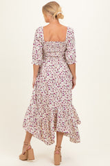 Cream Floral Smocked Handkerchief Hem Maternity Maxi Dress