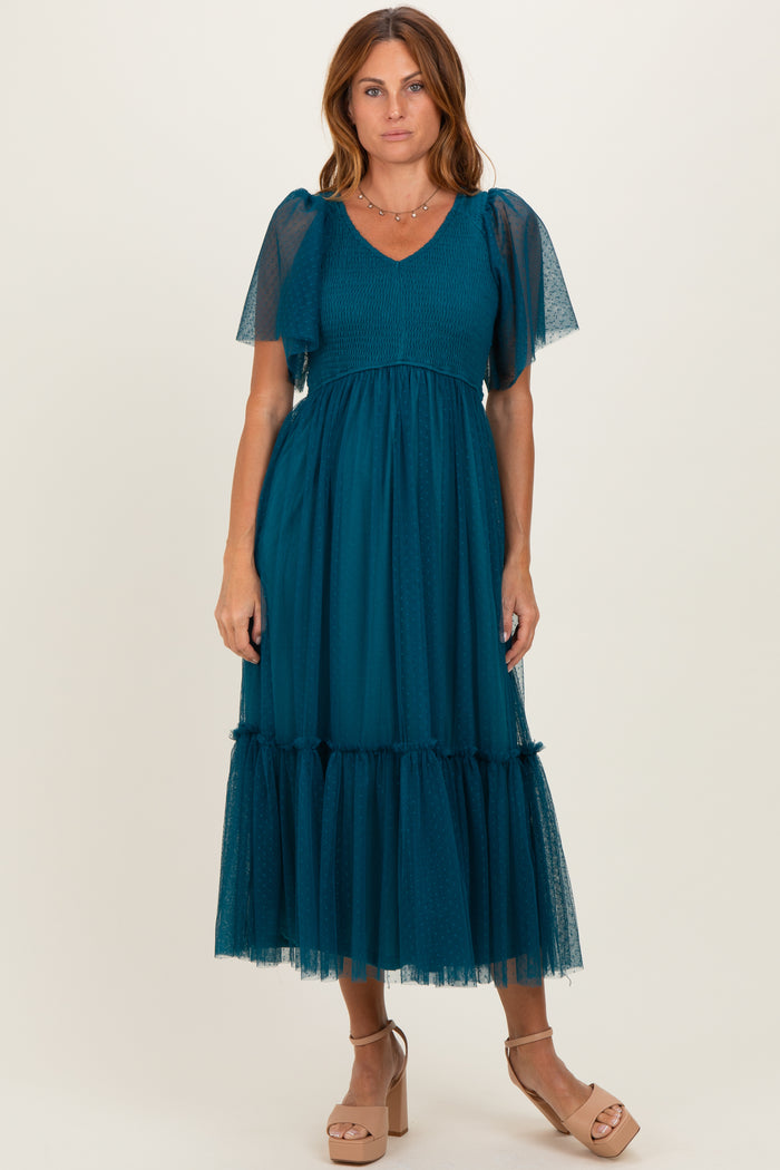 Teal Dotted Tulle Smocked Maternity Midi Dress
