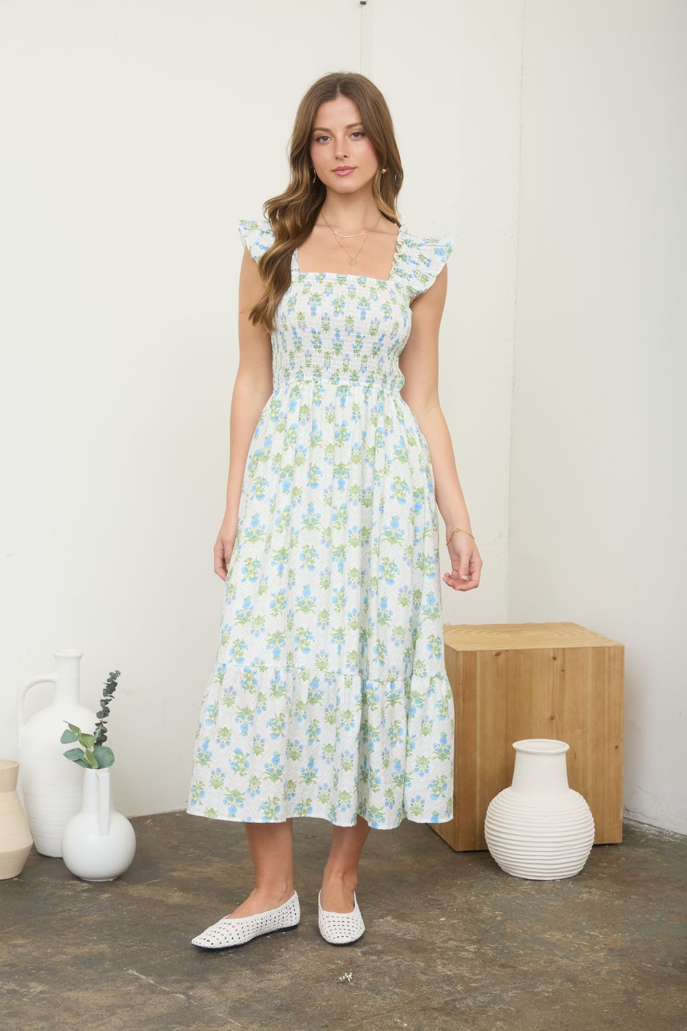 Blue Floral Smocked Sleeveless Midi Dress