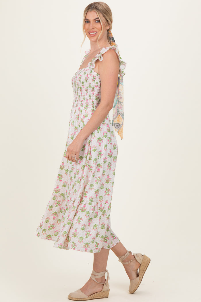 Pink Floral Smocked Sleeveless Midi Dress