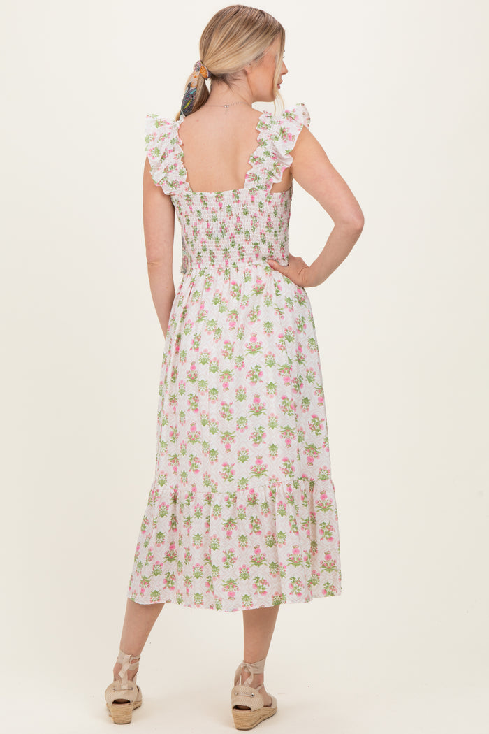 Pink Floral Smocked Sleeveless Midi Dress