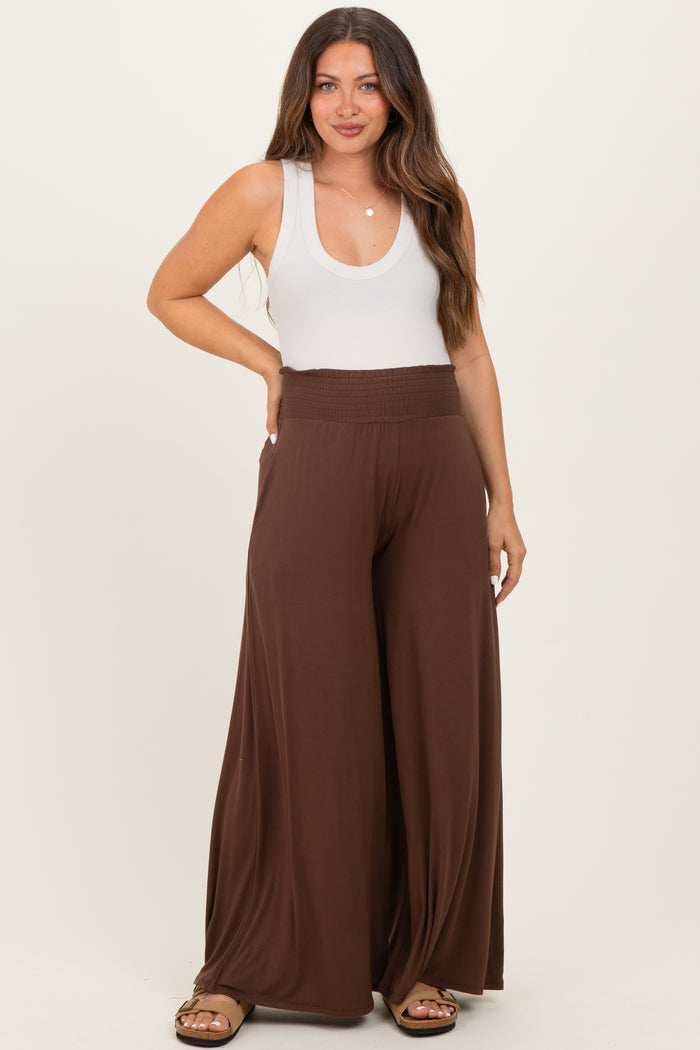 Brown Smocked Waist Wide Leg Maternity Pants