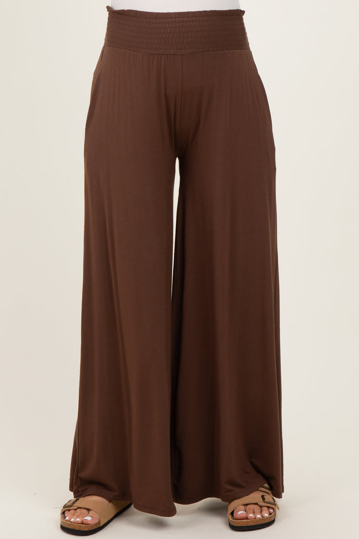 Brown Smocked Waist Wide Leg Maternity Pants
