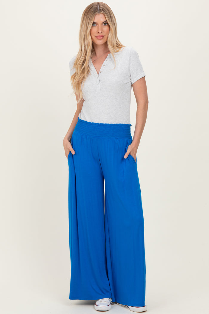 Blue Smocked Waist Wide Leg Maternity Pants