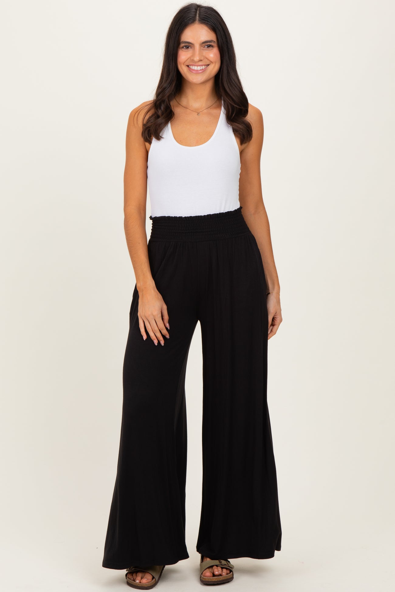 Black Smocked Waist Wide Leg Maternity Pants