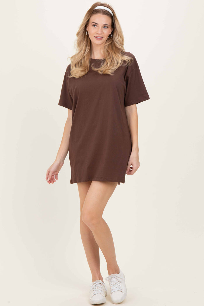Brown Crewneck Short Sleeve Maternity T-Shirt Dress