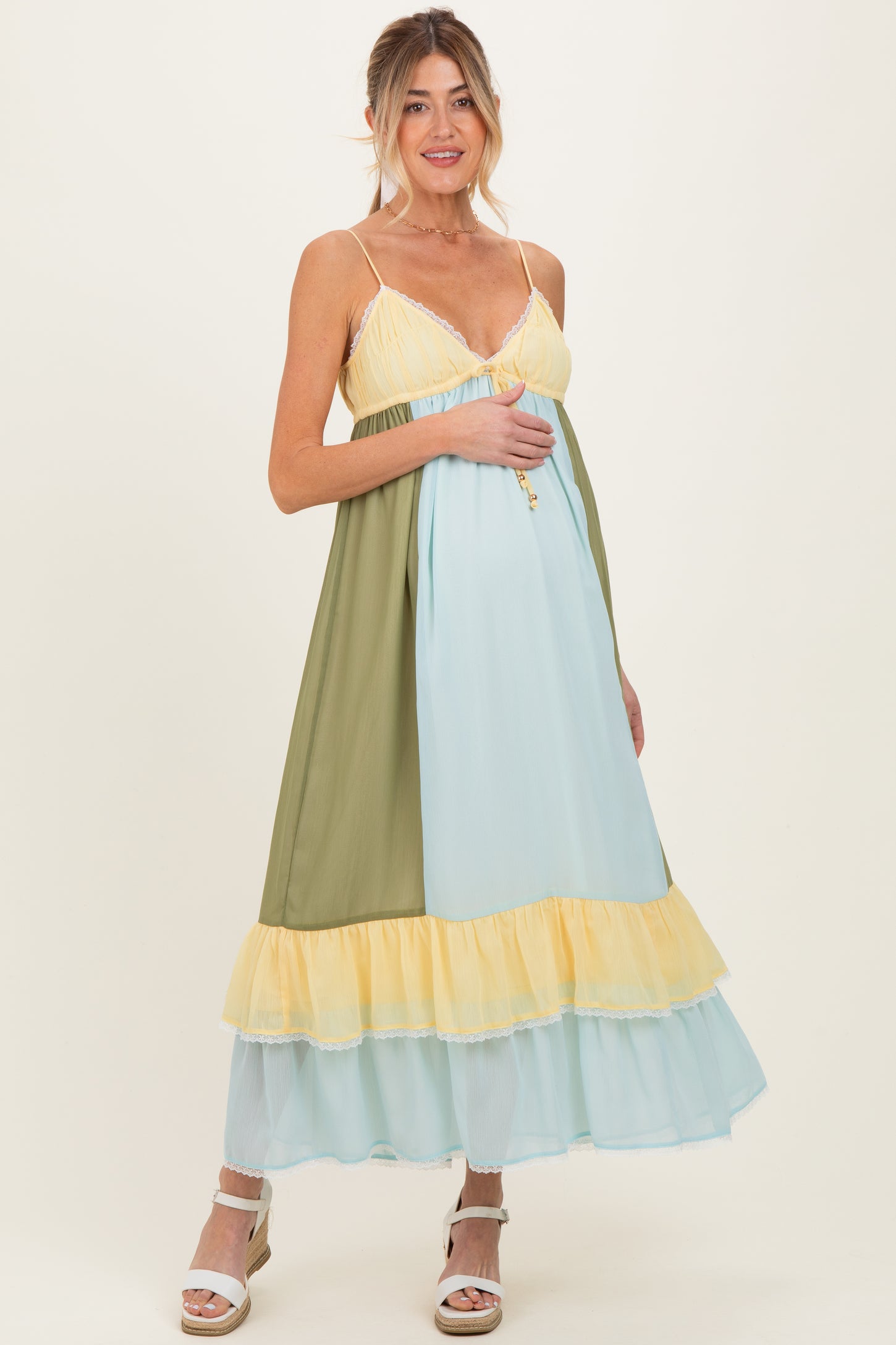 Light Blue Colorblock Tiered Ruffle Maternity Maxi Dress
