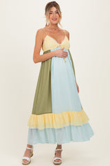 Light Blue Colorblock Tiered Ruffle Maternity Maxi Dress