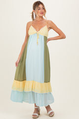 Light Blue Colorblock Tiered Ruffle Maternity Maxi Dress