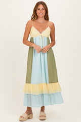 Light Blue Colorblock Tiered Ruffle Maxi Dress