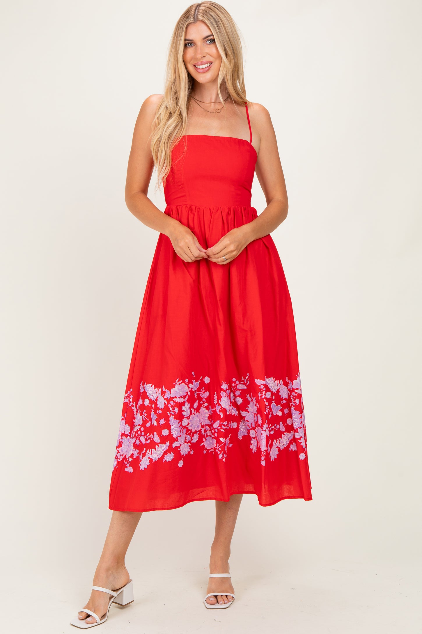 Red Floral Print Maternity Midi Dress
