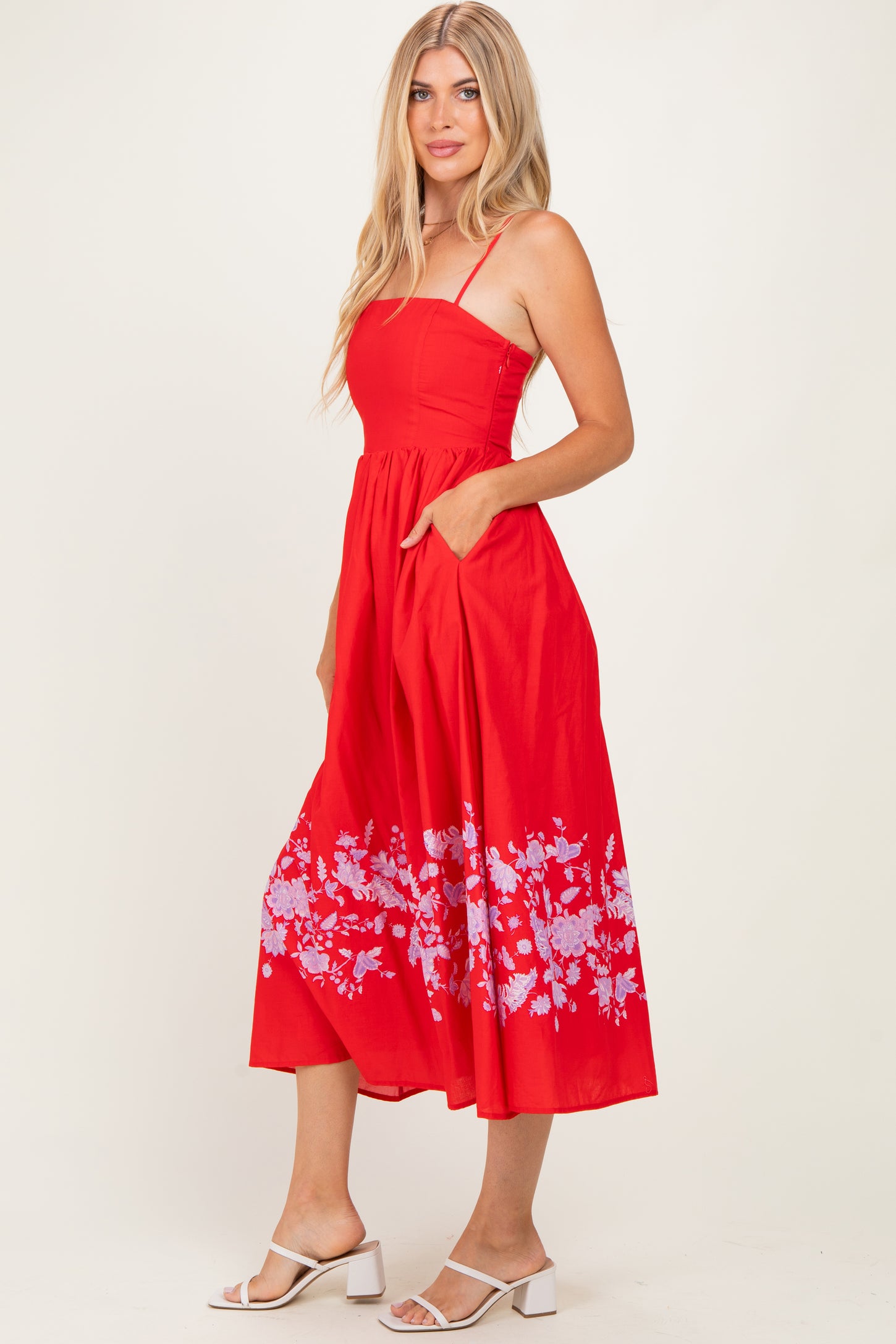 Red Floral Print Midi Dress