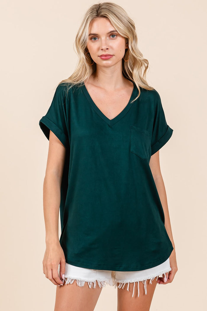 Forest Green V-Neck Pocket Short Sleeve Maternity Shirt