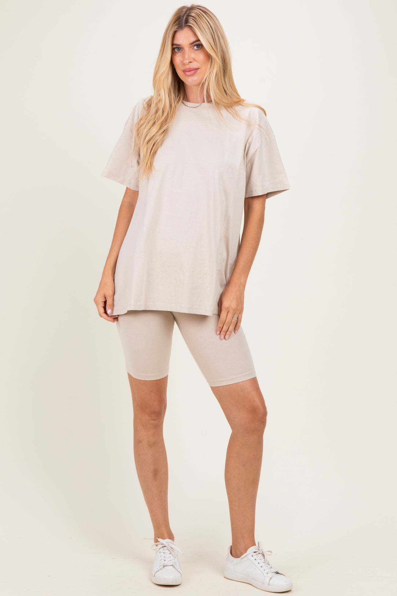 Sand Beige Biker Shorts Maternity Set