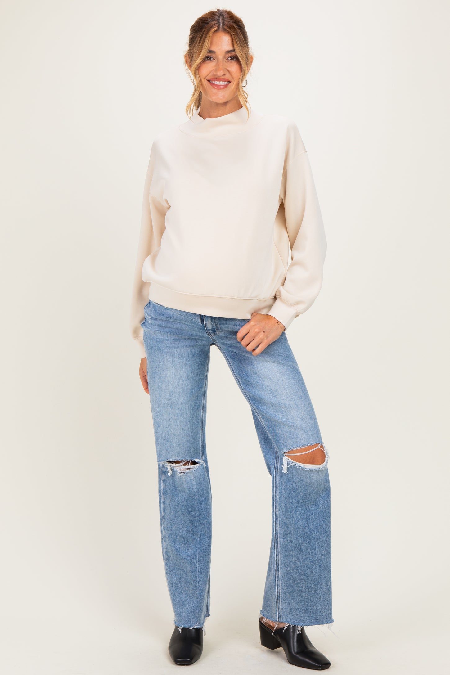 Light Blue Distressed Open Knee Cut Hem Maternity Wide Leg Jeans
