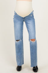 Light Blue Distressed Open Knee Cut Hem Maternity Wide Leg Jeans