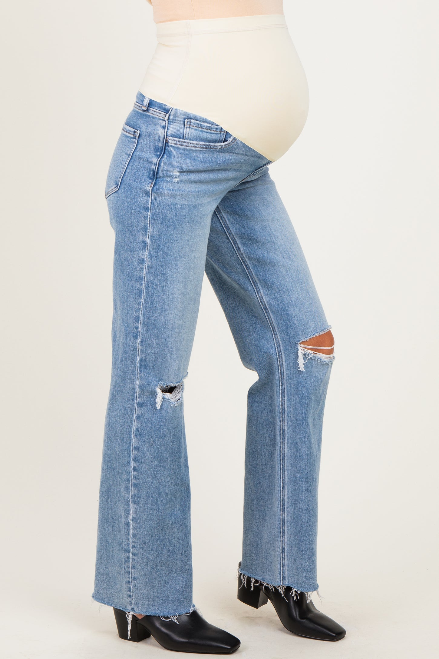 Light Blue Distressed Open Knee Cut Hem Maternity Wide Leg Jeans