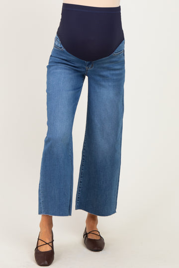 Blue Raw Hem Cropped Wide Leg Maternity Jeans